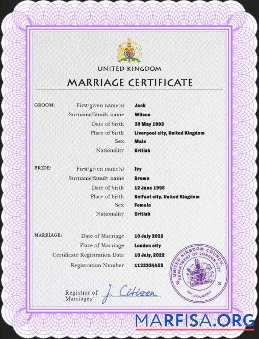 Blank United Kingdom marriage certificate PSD template,